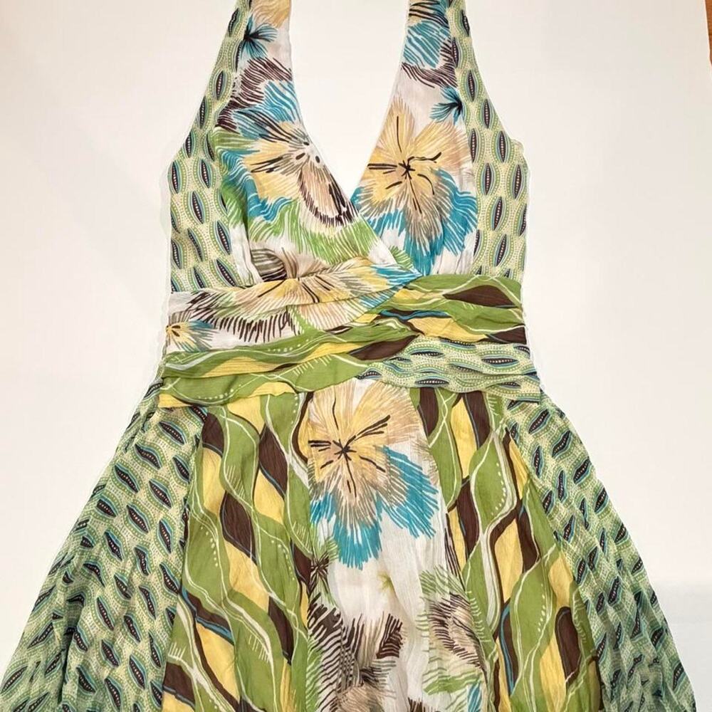 Y2k Bisou Bisou flowy Vintage Printed Flowy Halter Top Womens Small Green Yellow